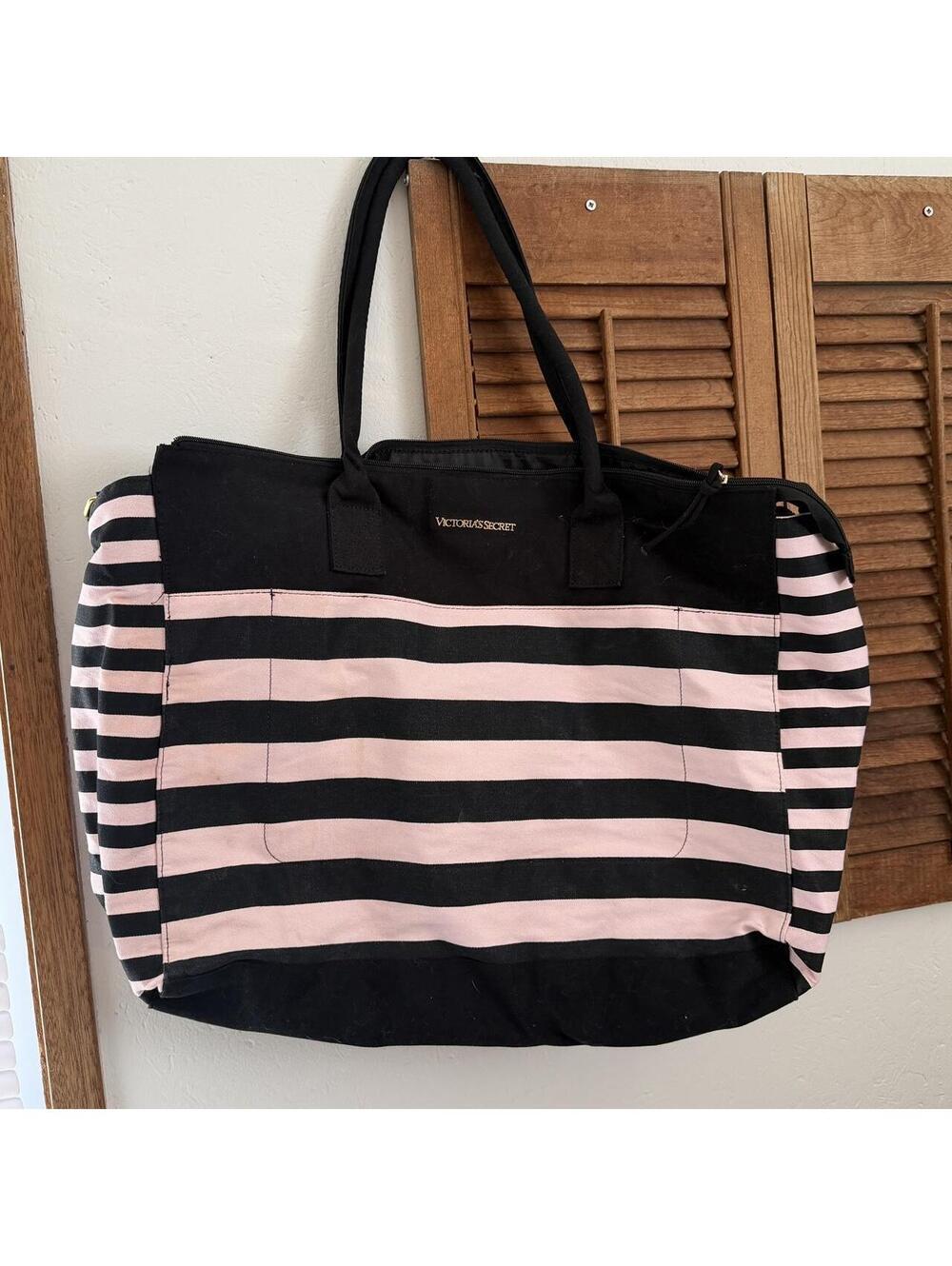 Retired Victorias Secret black pink stripe XL tote bag with zipper